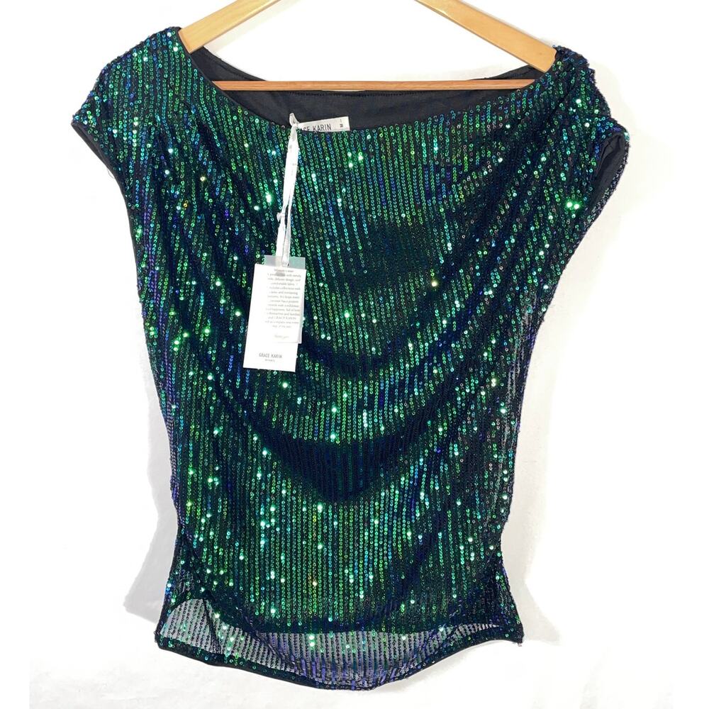 Grace Karin Draped Sequin Top - Women's Size M - NWT - One Shoulder Design